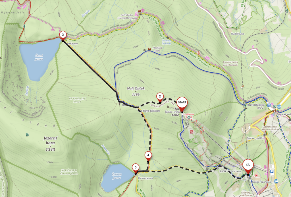 Odpolední výlet na 2 hodiny o délce 6,2 km přes Špičák, Černé a Čertovo jezero.